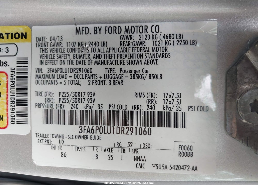 2013 FORD FUSION HYBRID VIN: 3FA6P0LU1DR291060