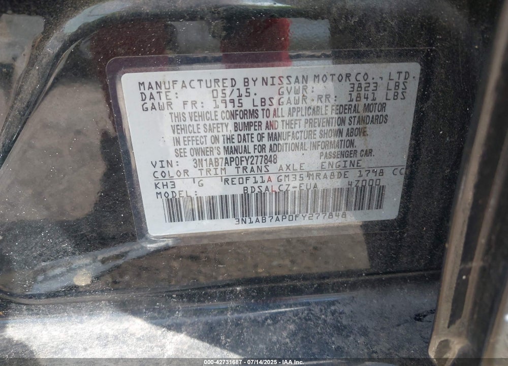 2015 NISSAN SENTRA VIN: 3N1AB7AP0FY277848