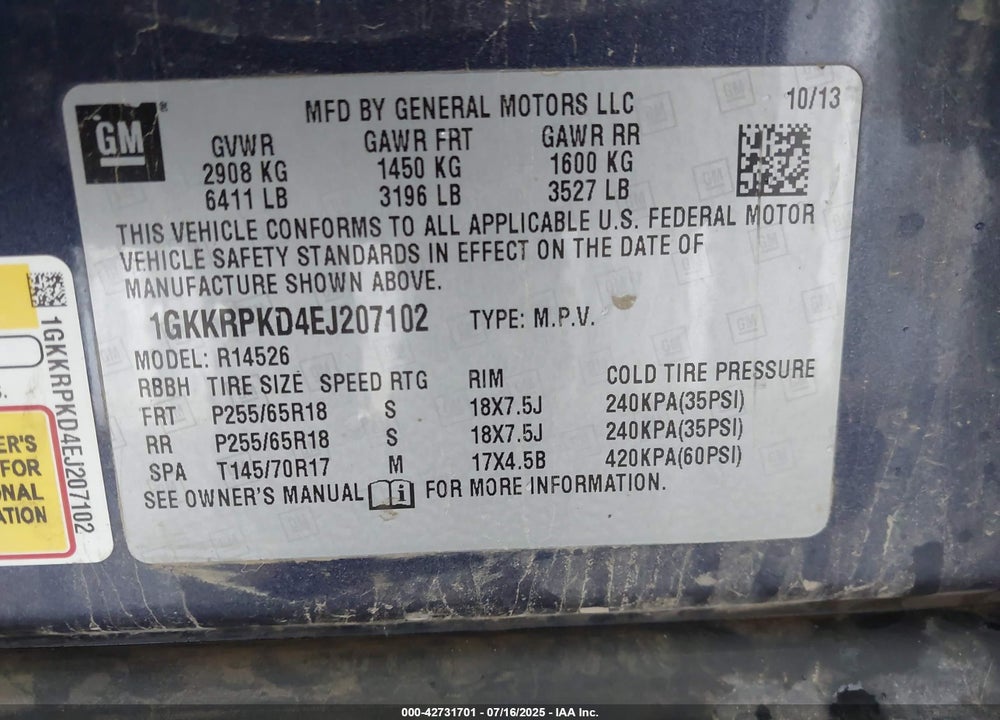 2014 GMC ACADIA SLE-2 VIN: 1GKKRPKD4EJ207102