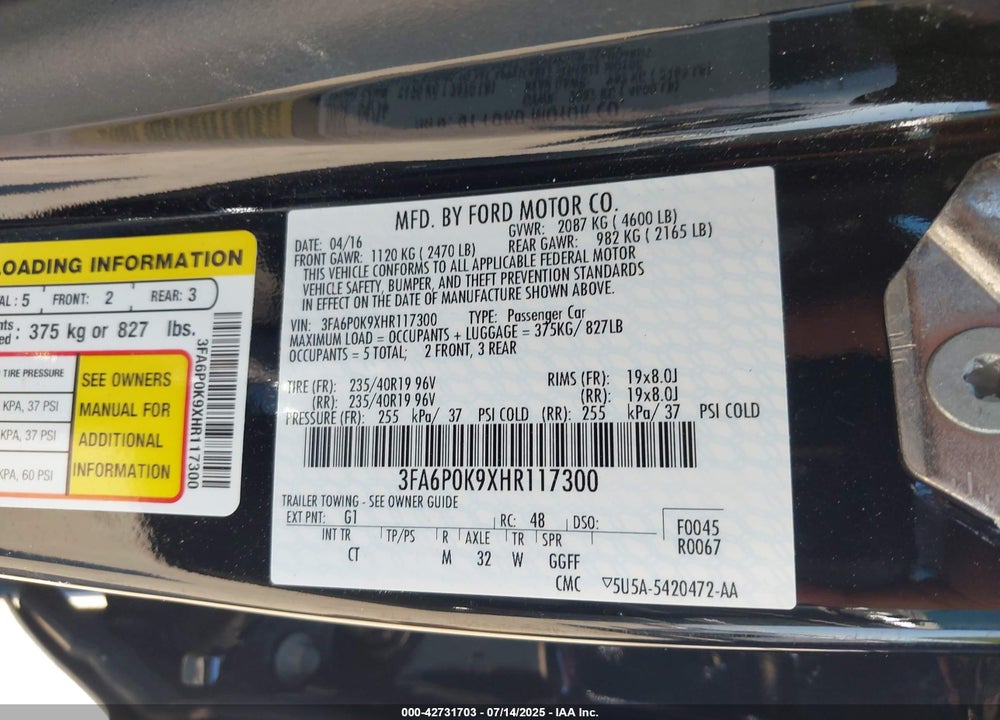 2017 FORD FUSION VIN: 3FA6P0K9XHR117300