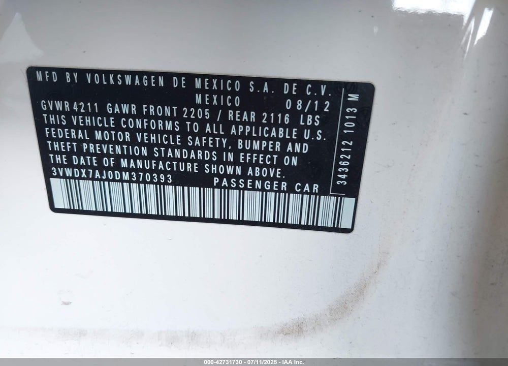 2013 VOLKSWAGEN JETTA VIN: 3VWDX7AJ0DM370393