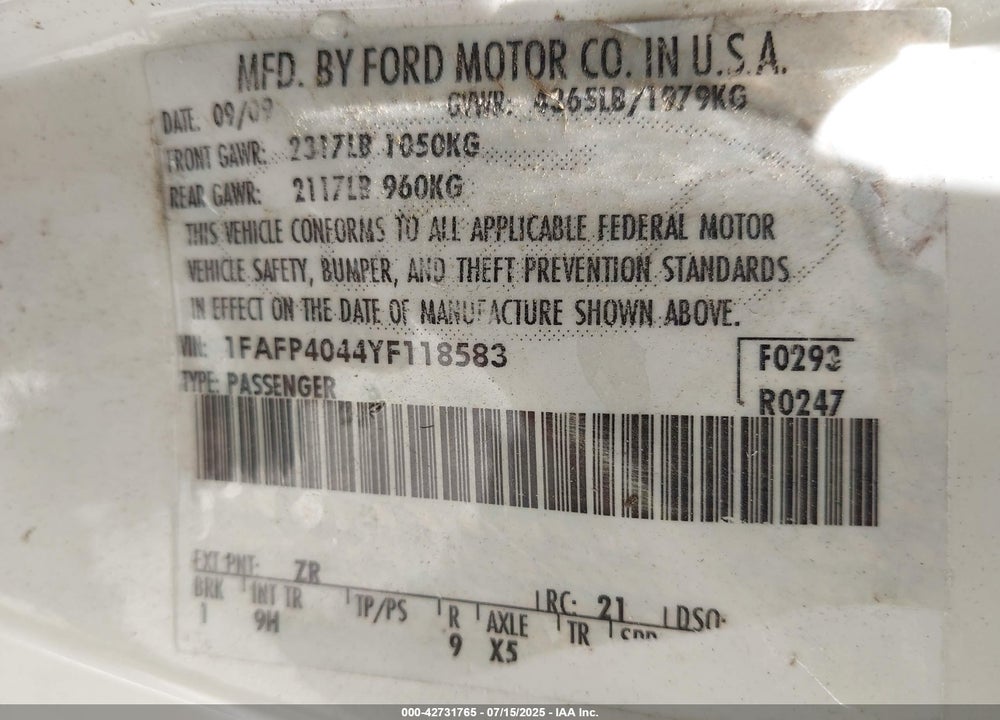 2000 FORD MUSTANG VIN: 1FAFP4044YF118583