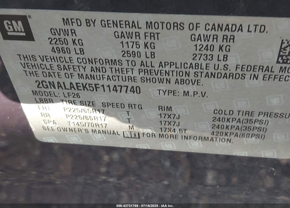 2015 CHEVROLET EQUINOX VIN: 2GNALAEK5F1147740