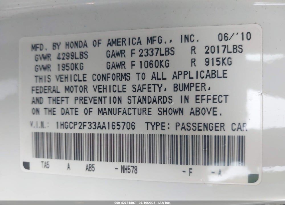 2010 HONDA ACCORD 2.4 LX VIN: 1HGCP2F33AA165706