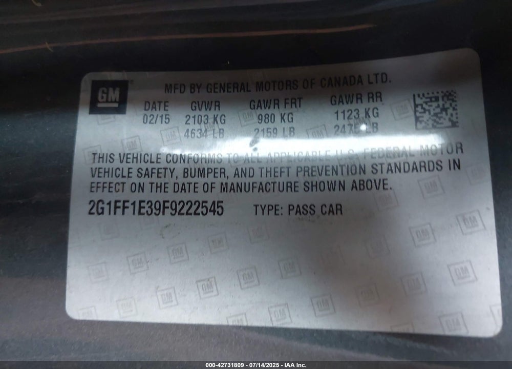 2015 CHEVROLET CAMARO VIN: 2G1FF1E39F9222545