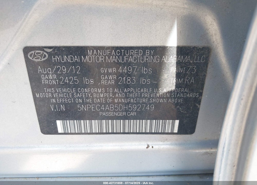 2013 HYUNDAI SONATA VIN: 5NPEC4AB5DH592749