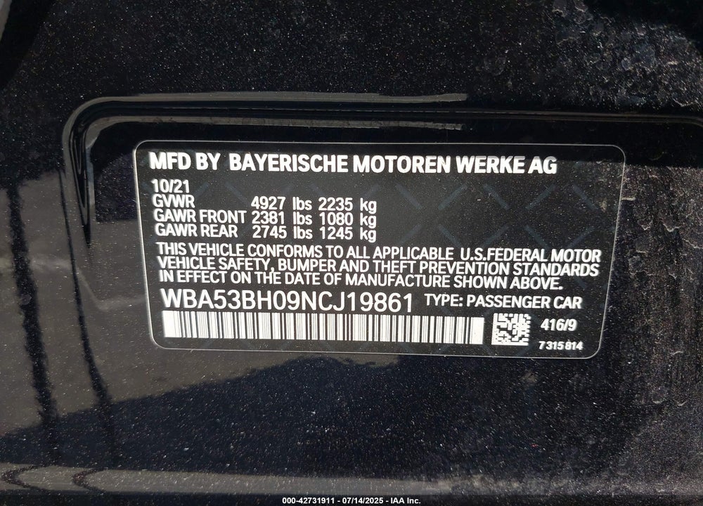 2022 BMW 5 SERIES VIN: WBA53BH09NCJ19861