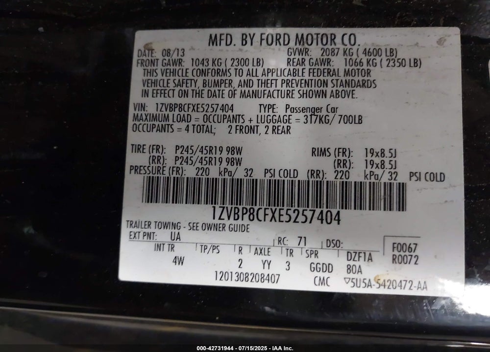 2014 FORD MUSTANG VIN: 1ZVBP8CFXE5257404