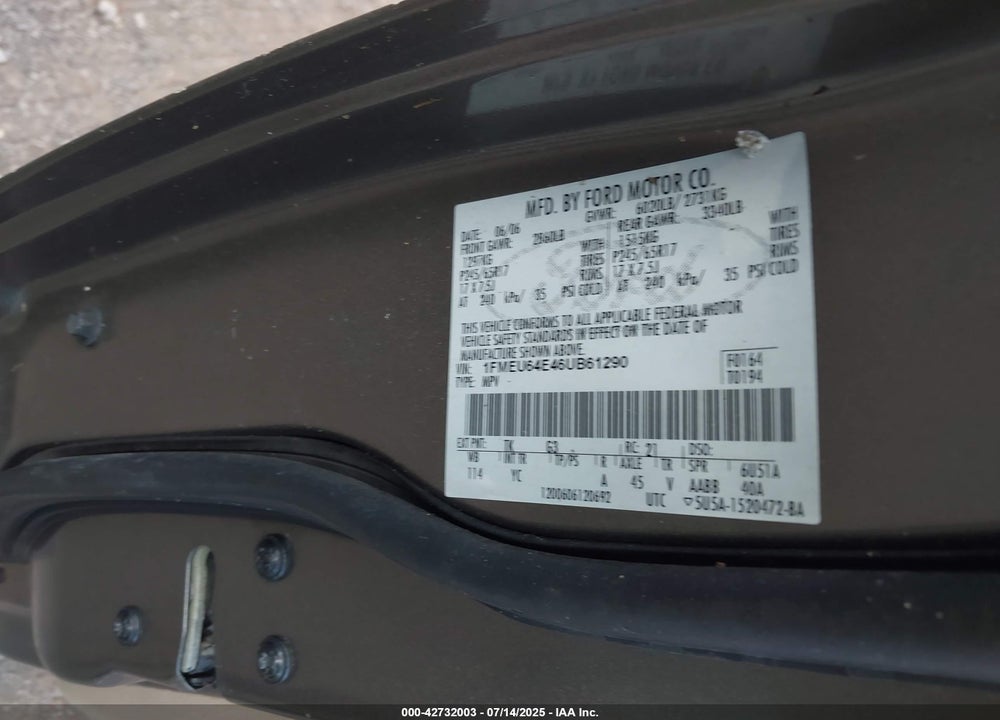 2006 FORD EXPLORER VIN: 1FMEU64E46UB61290