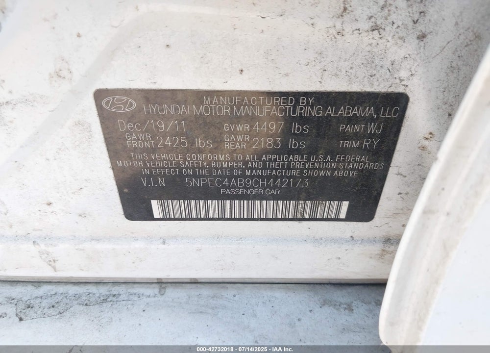 2012 HYUNDAI SONATA VIN: 5NPEC4AB9CH442173