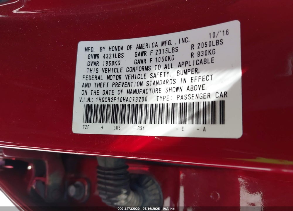 2017 HONDA ACCORD VIN: 1HGCR2F10HA073200