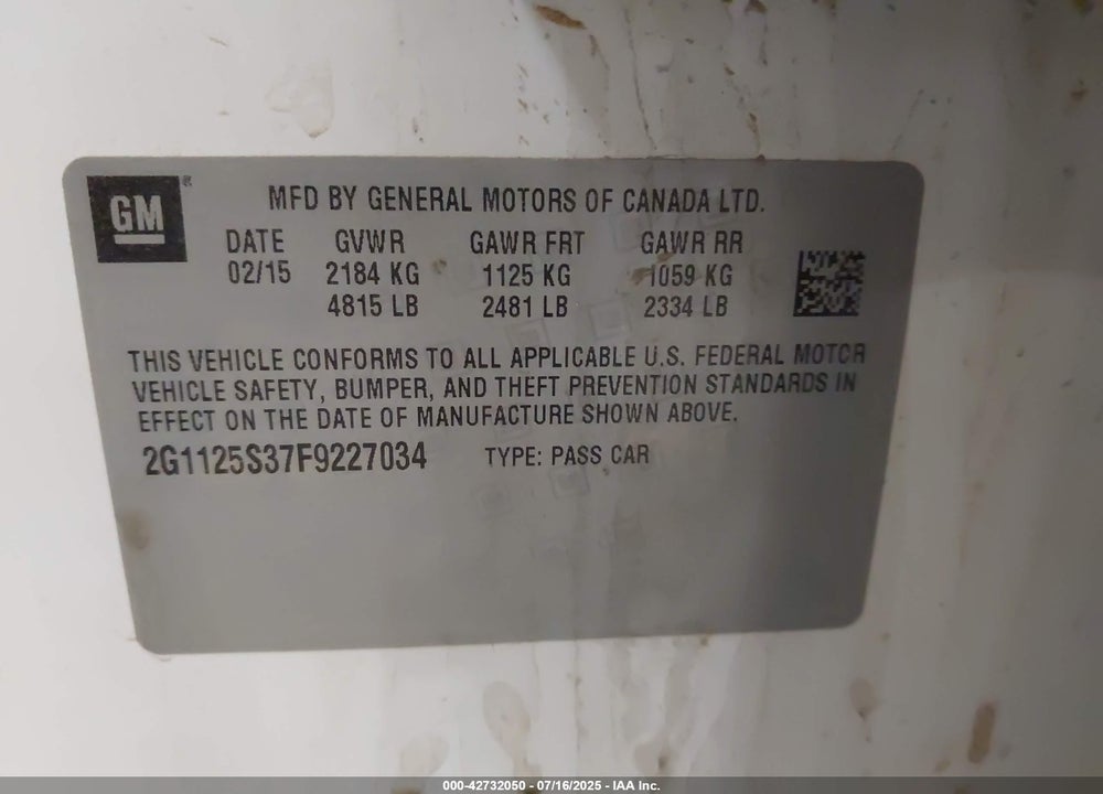2015 CHEVROLET IMPALA VIN: 2G1125S37F9227034