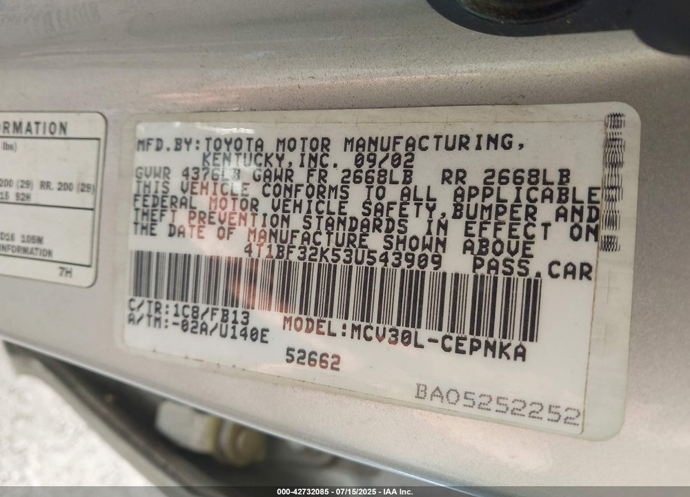 2003 TOYOTA CAMRY VIN: 4T1BF32K53U543909