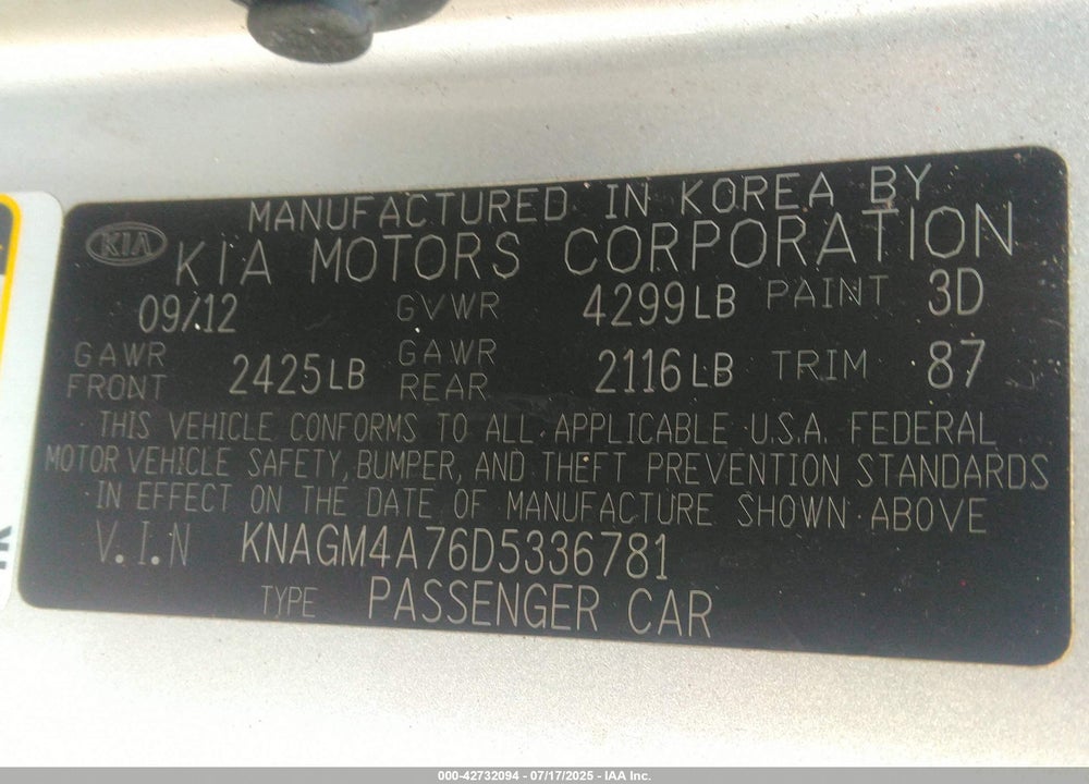2013 KIA OPTIMA VIN: KNAGM4A76D5336781