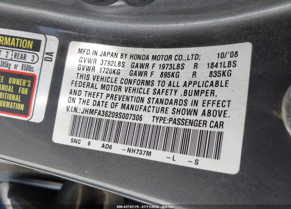 2009 HONDA CIVIC HYBRID VIN: JHMFA36209S007306