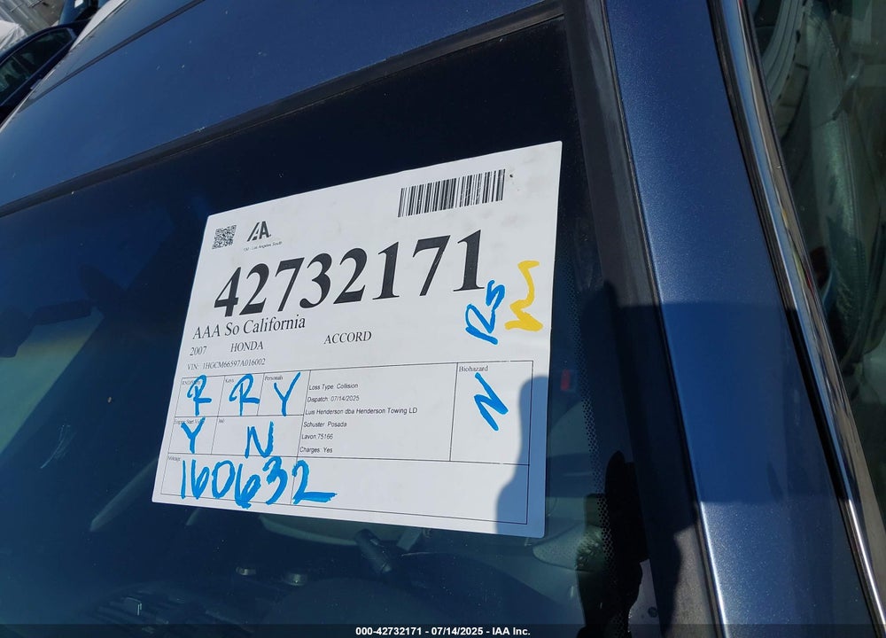 2007 HONDA ACCORD 3.0 EX VIN: 1HGCM66597A016002