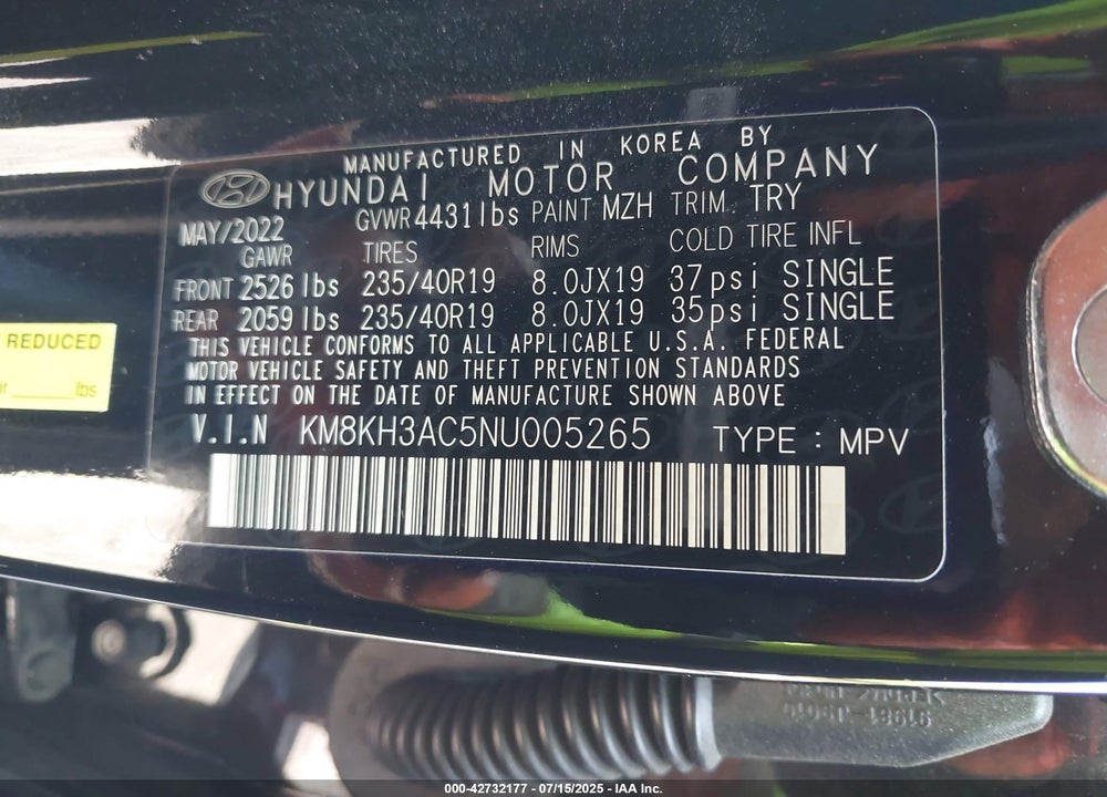2022 HYUNDAI KONA VIN: KM8KH3AC5NU005265