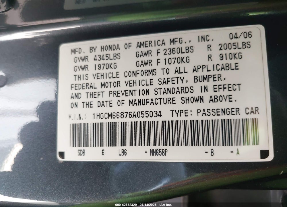 2006 HONDA ACCORD 3.0 EX VIN: 1HGCM66876A055034