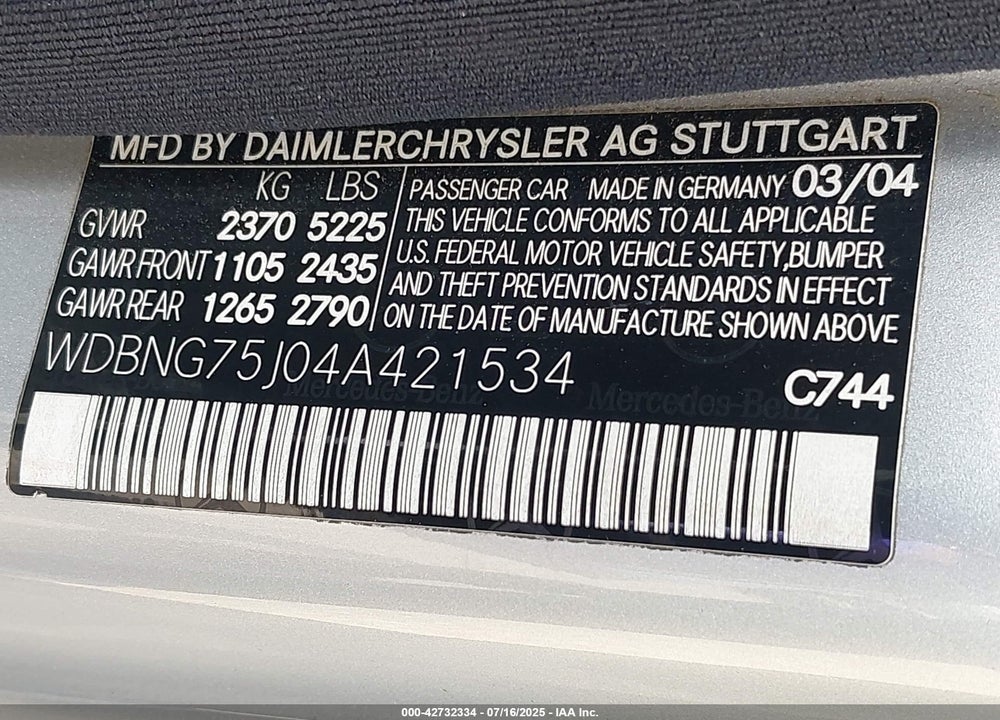 2004 MERCEDES-BENZ S 500 VIN: WDBNG75J04A421534