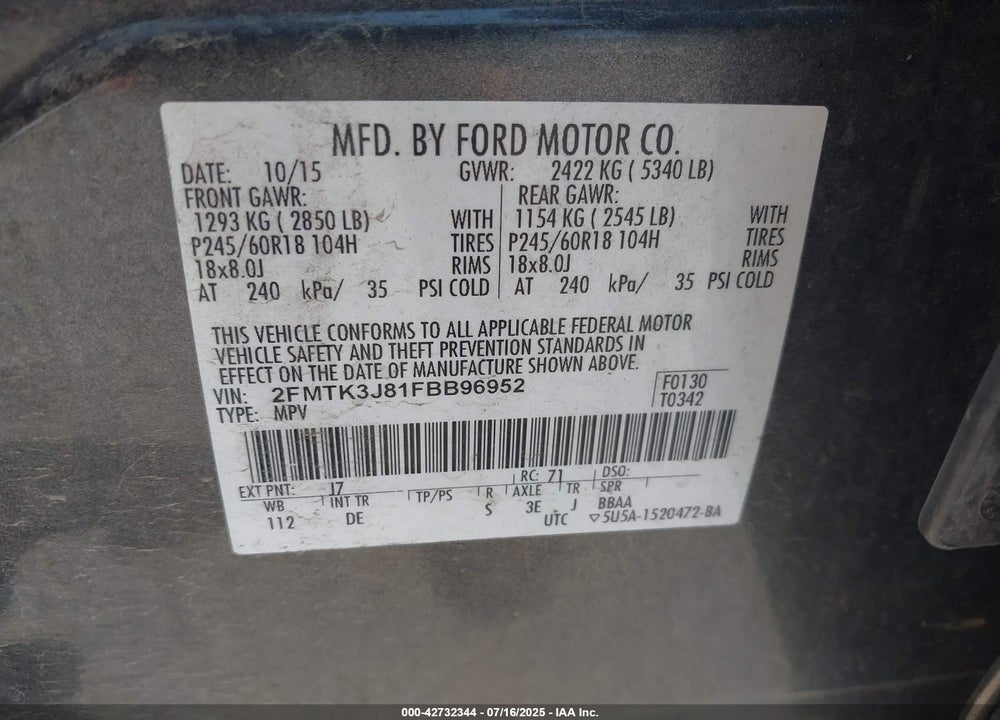 2015 FORD EDGE SEL VIN: 2FMTK3J81FBB96952