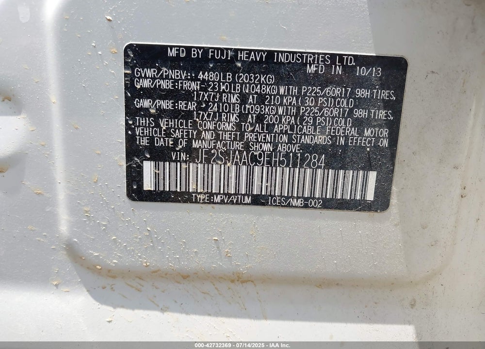 2014 SUBARU FORESTER VIN: JF2SJAAC9EH511284