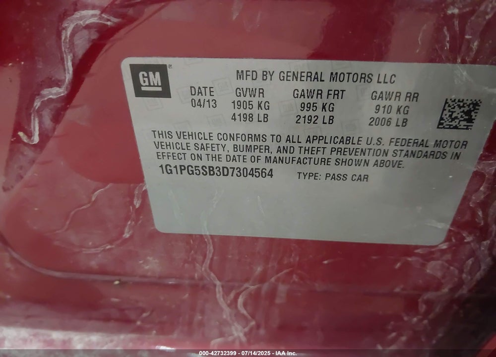 2013 CHEVROLET CRUZE VIN: 1G1PG5SB3D7304564