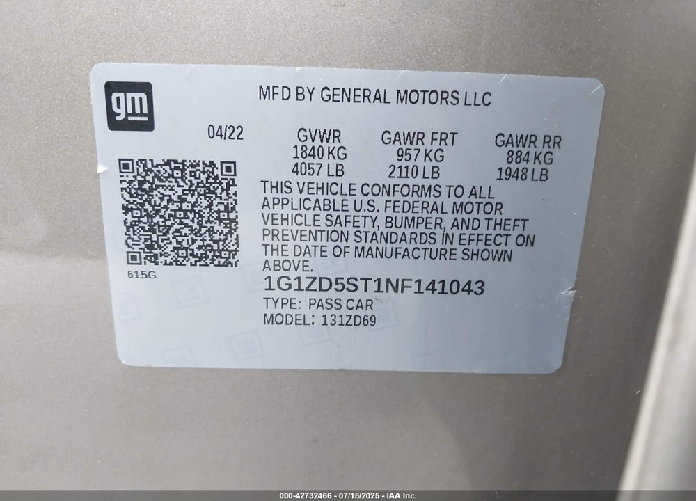 2022 CHEVROLET MALIBU VIN: 1G1ZD5ST1NF141043