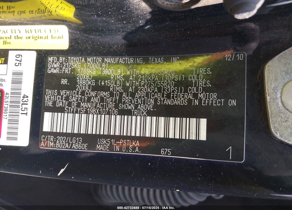 2011 TOYOTA TUNDRA LIMITED 5.7L V8 VIN: 5TFFY5F19BX107106