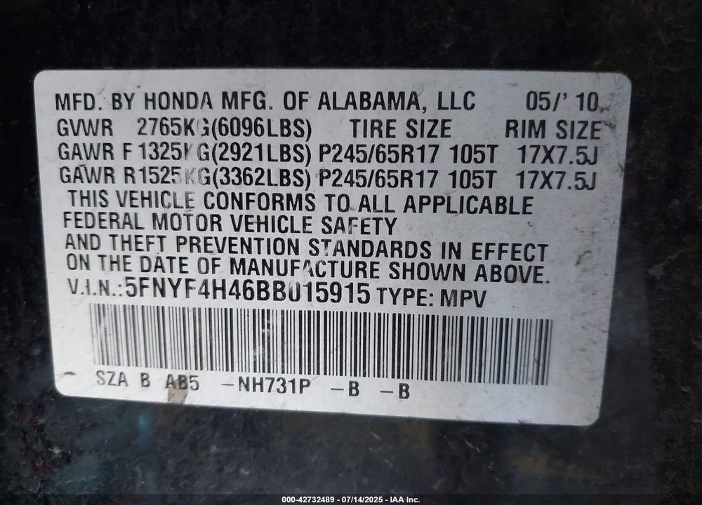 2011 HONDA PILOT VIN: 5FNYF4H46BB015915