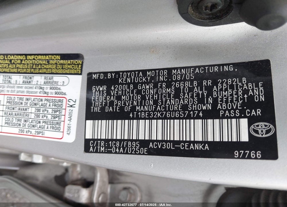 2006 TOYOTA CAMRY LE VIN: 4T1BE32K76U657174