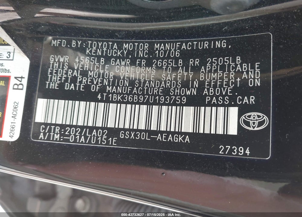 2007 TOYOTA AVALON VIN: 4T1BK36B97U193759