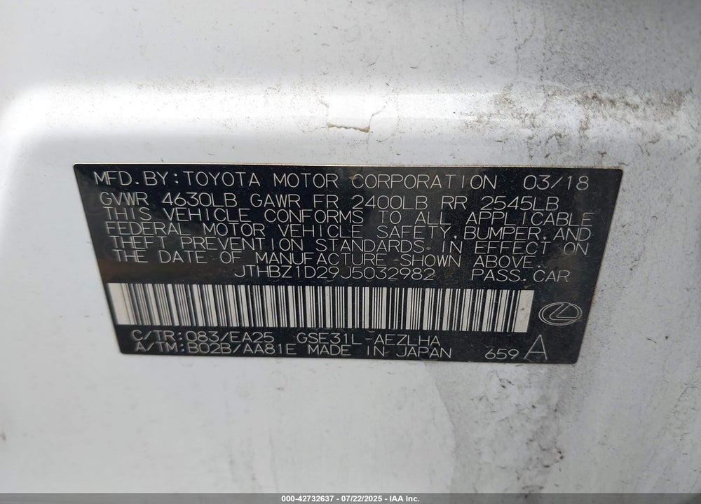 2018 LEXUS IS 350 VIN: JTHBZ1D29J5032982