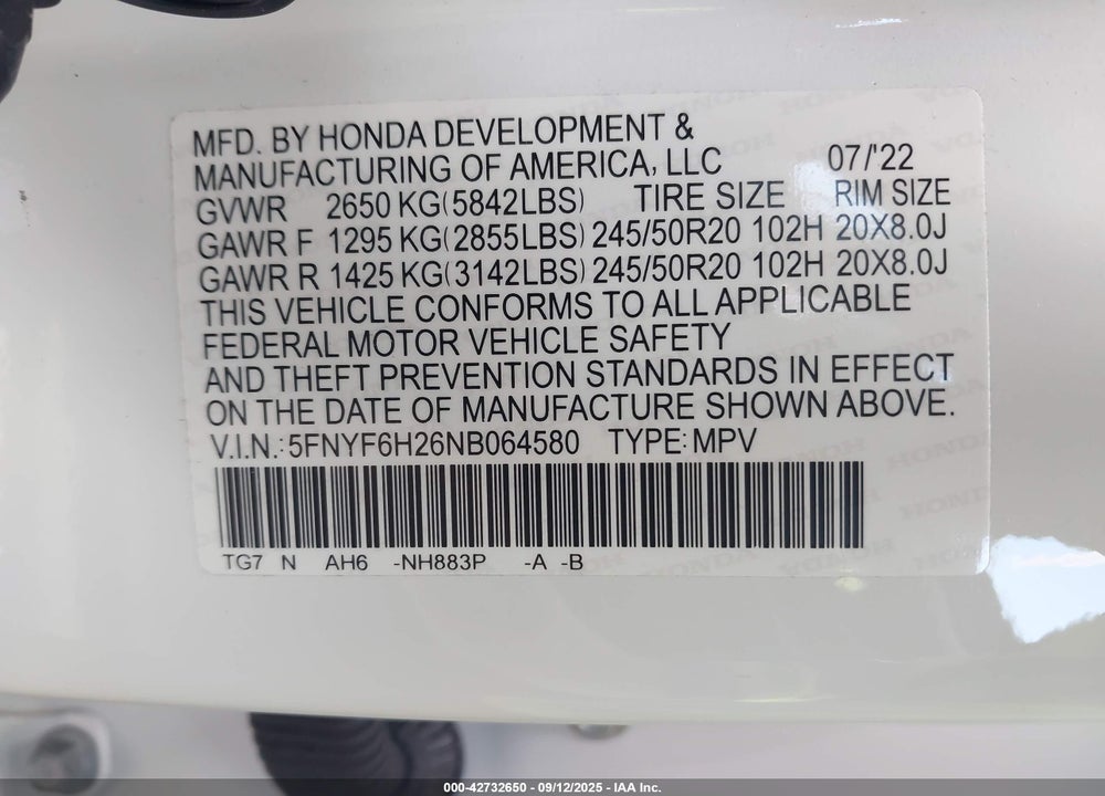 2022 HONDA PILOT VIN: 5FNYF6H26NB064580