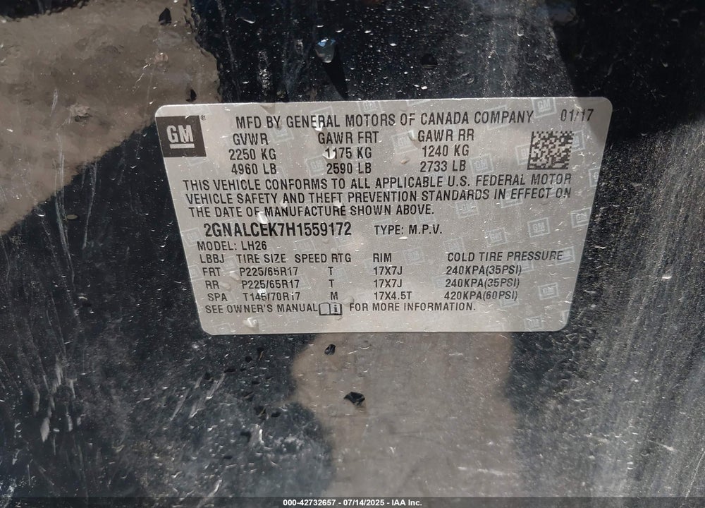 2017 CHEVROLET EQUINOX VIN: 2GNALCEK7H1559172