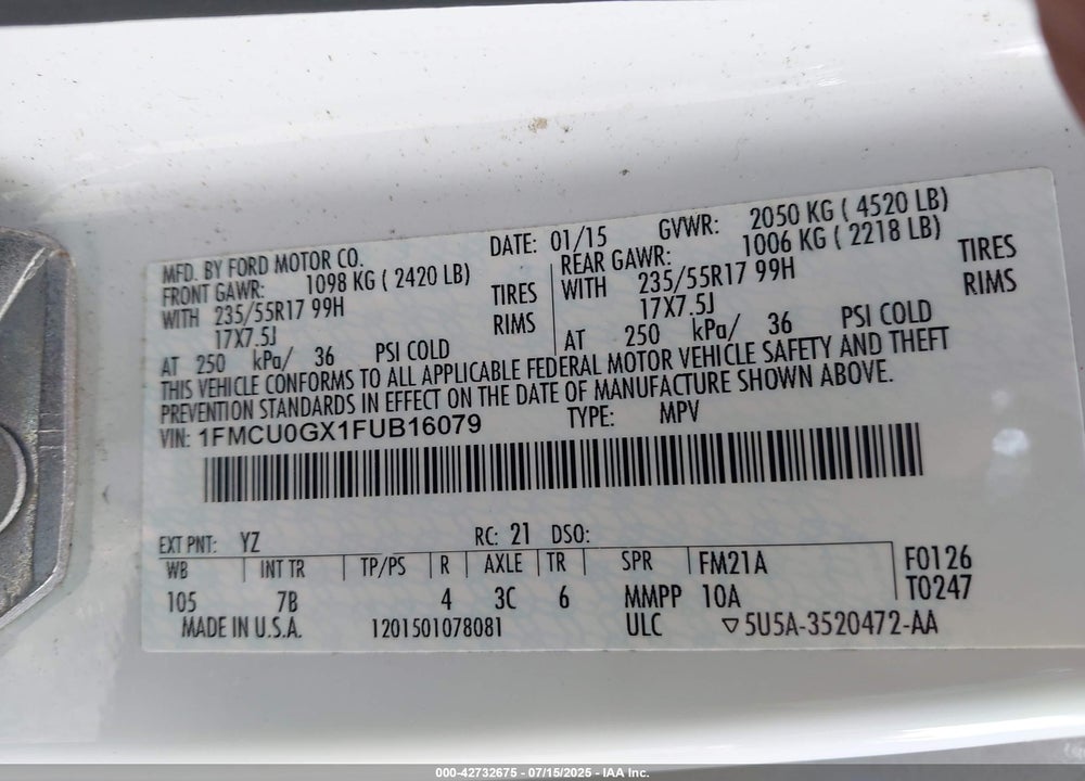 2015 FORD ESCAPE VIN: 1FMCU0GX1FUB16079