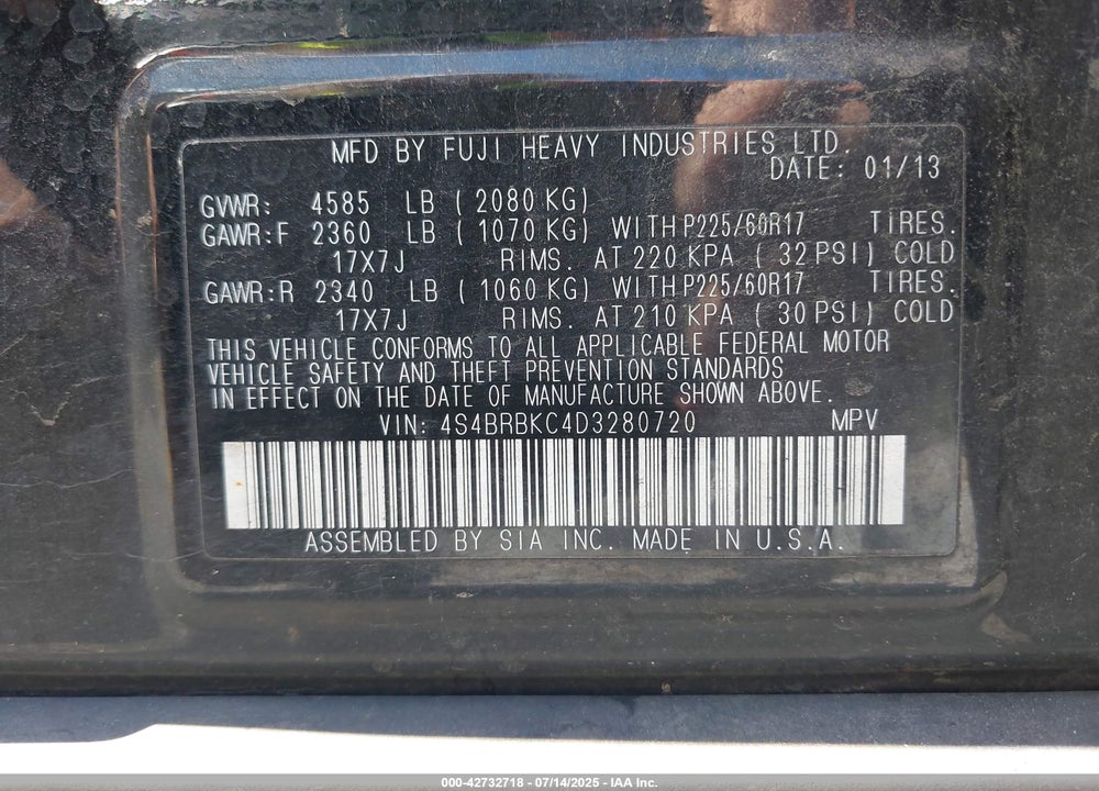 2013 SUBARU OUTBACK VIN: 4S4BRBKC4D3280720