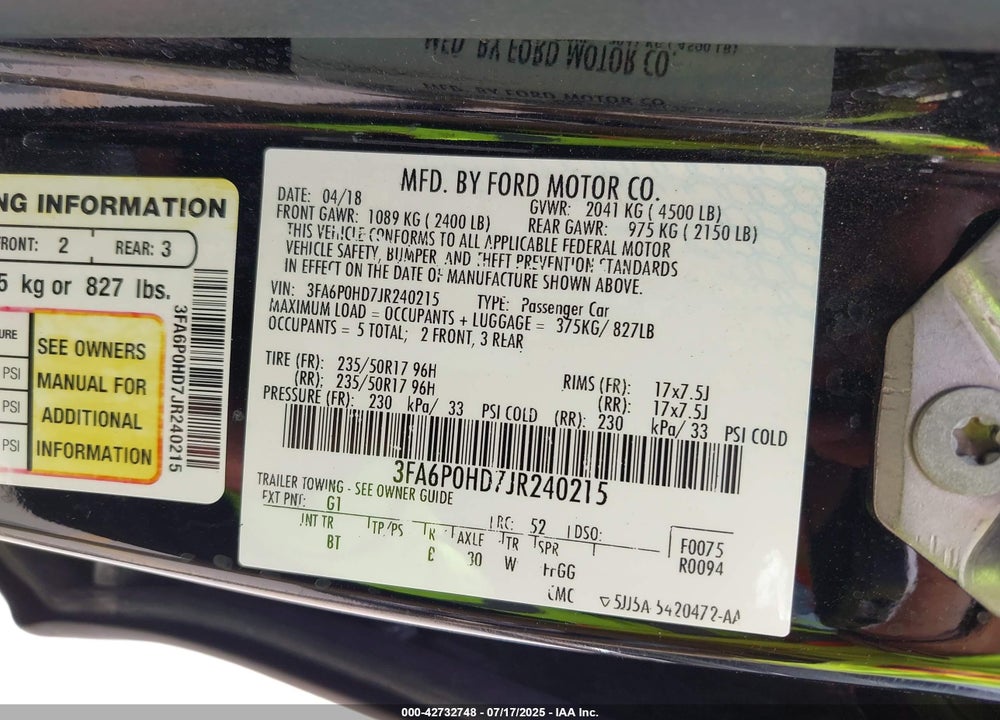 2018 FORD FUSION SE VIN: 3FA6P0HD7JR240215