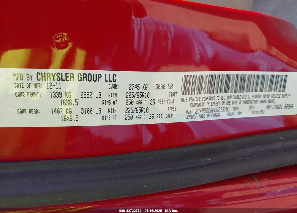2012 DODGE GRAND CARAVAN VIN: 2C4RDGCG0CR213781