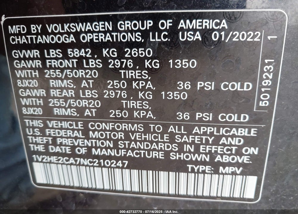 2022 VOLKSWAGEN ATLAS CROSS SPORT 3.6L V6 SE W/TECHNOLOGY VIN: 1V2HE2CA7NC210247