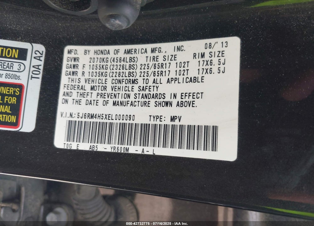 2014 HONDA CR-V VIN: 5J6RM4H5XEL000090