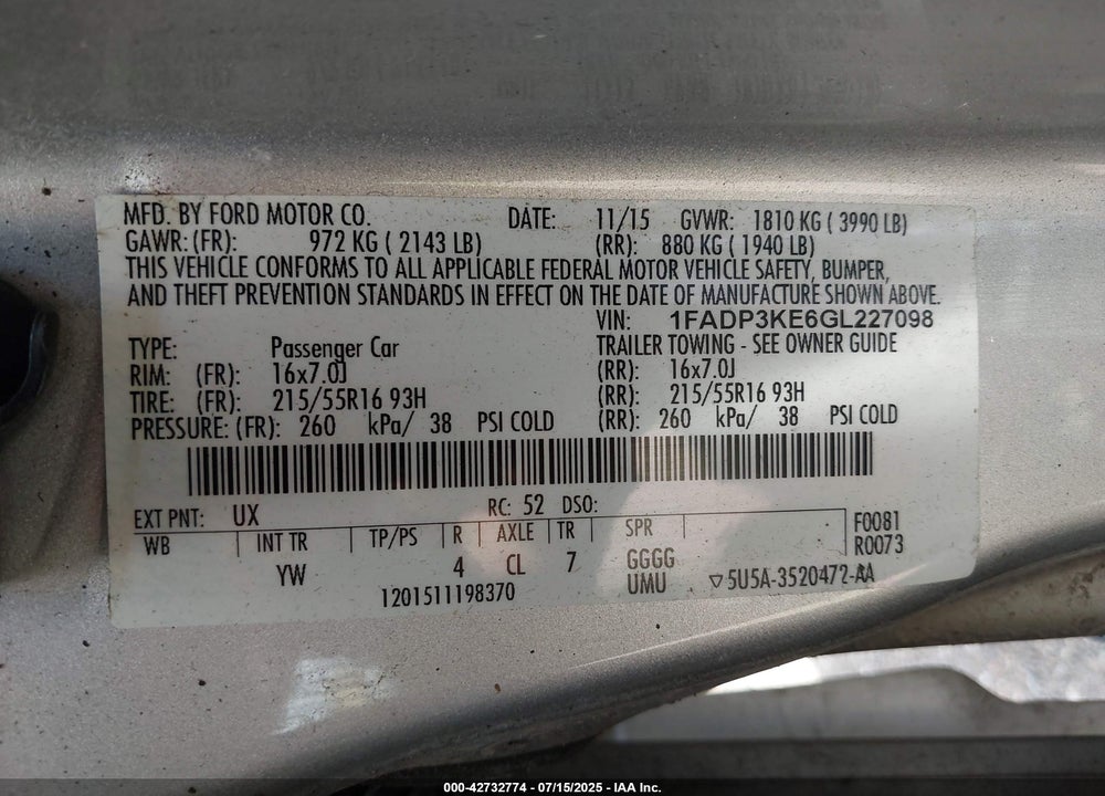 2016 FORD FOCUS VIN: 1FADP3KE6GL227098