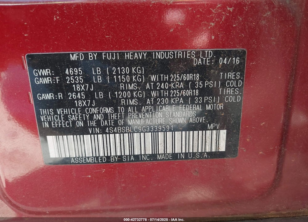 2016 SUBARU OUTBACK VIN: 4S4BSBLC9G3339591