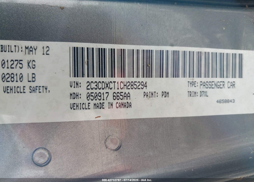 2012 DODGE CHARGER VIN: 2C3CDXCT1CH285294
