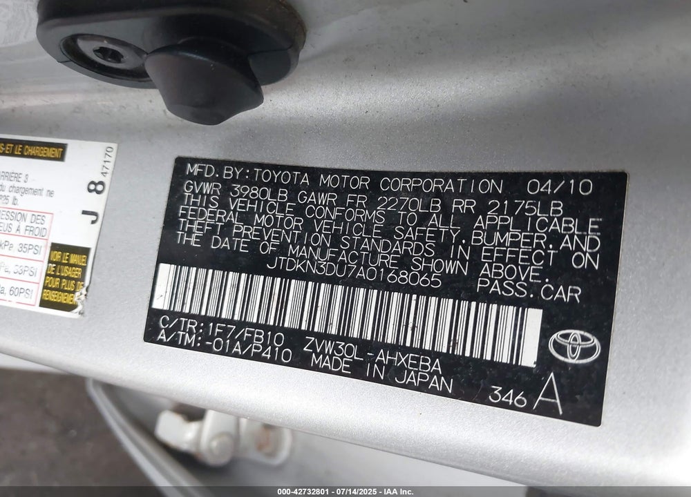 2010 TOYOTA PRIUS VIN: JTDKN3DU7A0168065