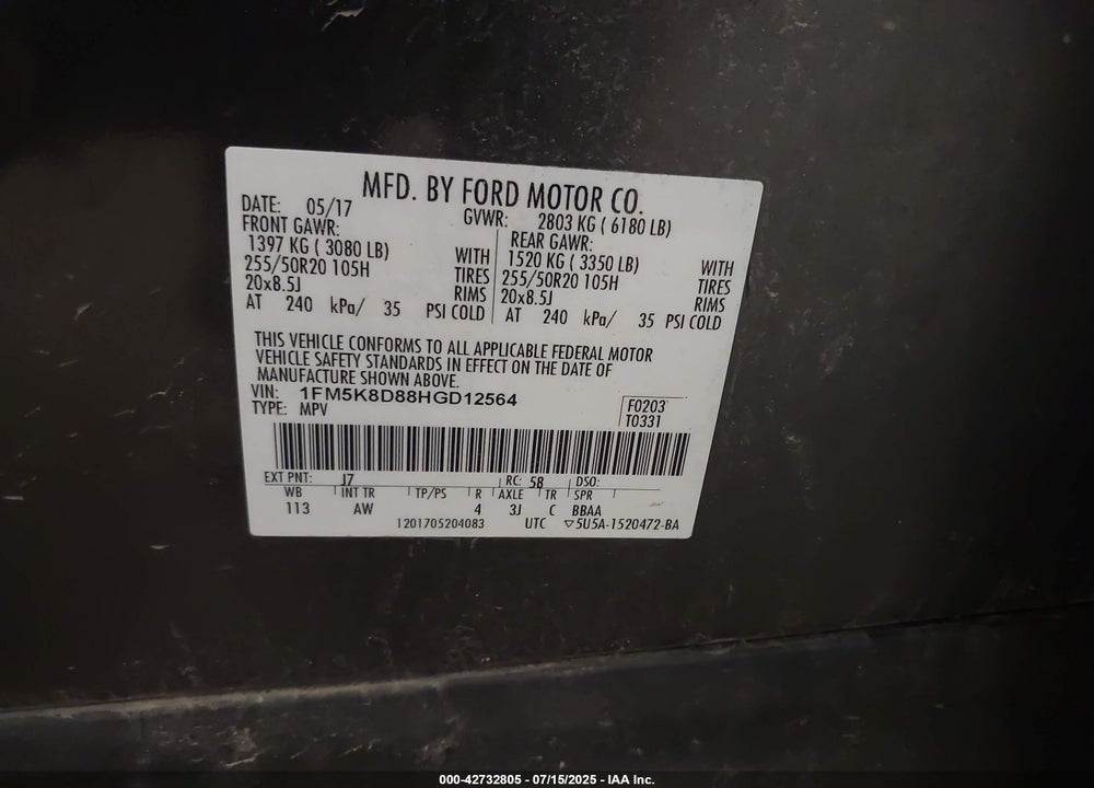 2017 FORD EXPLORER XLT VIN: 1FM5K8D88HGD12564