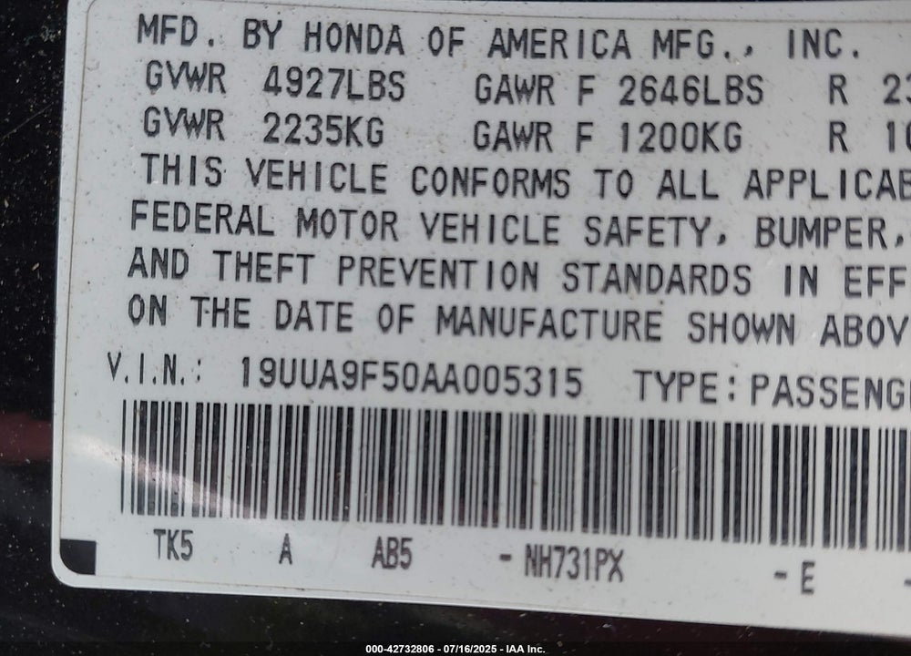 2010 ACURA TL VIN: 19UUA9F50AA005315