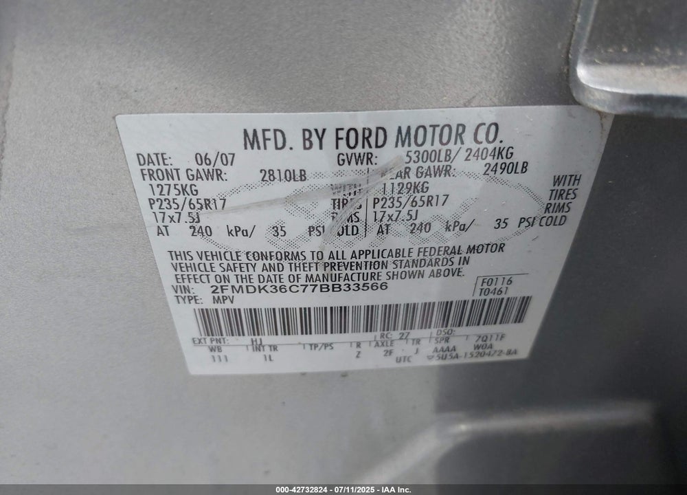 2007 FORD EDGE SE VIN: 2FMDK36C77BB33566