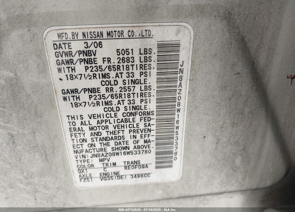 2006 NISSAN MURANO SL VIN: JN8AZ08W16W533780