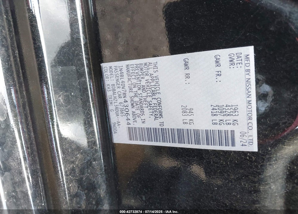 2024 NISSAN ALTIMA SV FWD VIN: 1N4BL4DV7RN430644