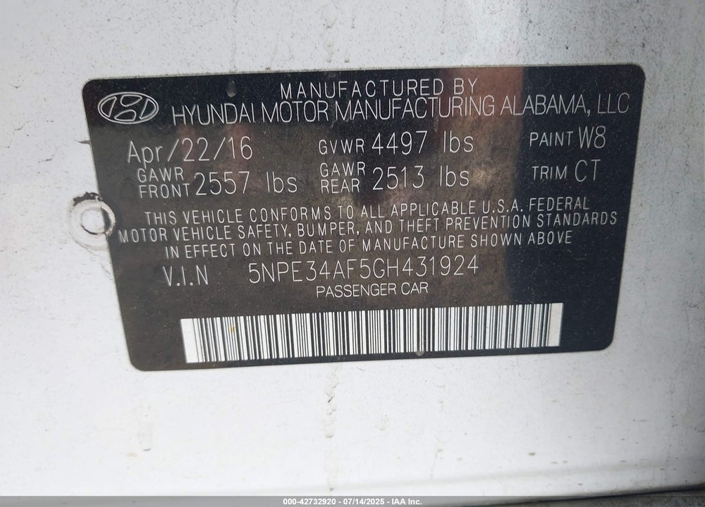 2016 HYUNDAI SONATA VIN: 5NPE34AF5GH431924